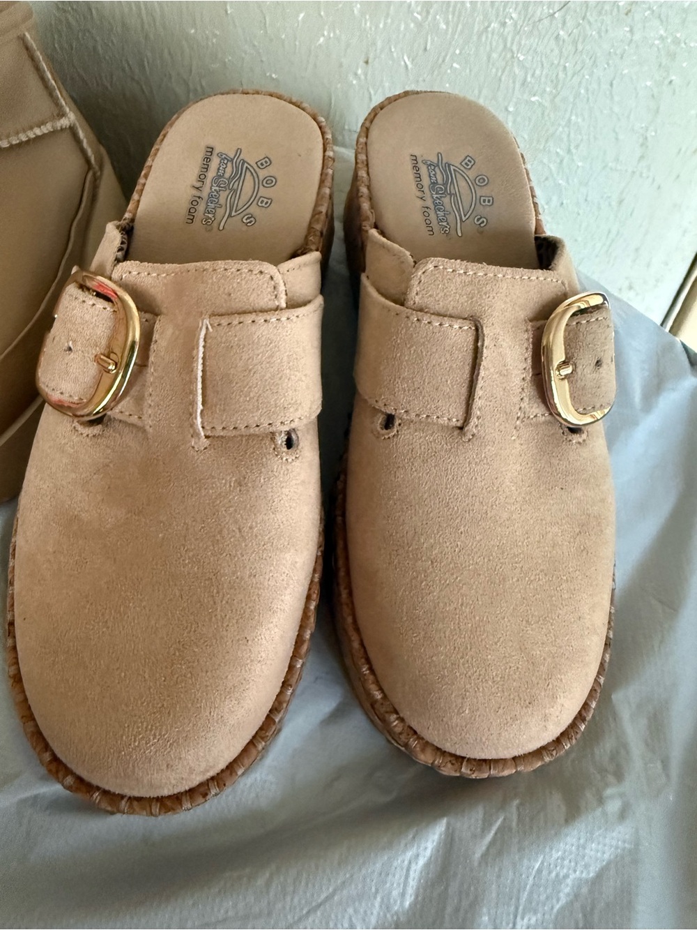 Bobs Beige Suede Slip-On Clogs with Gold Buckles